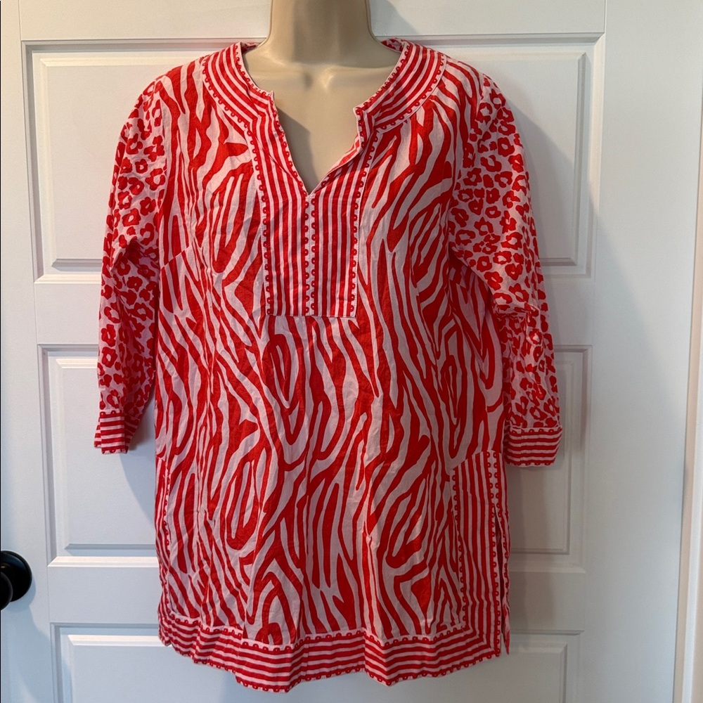 gretchen scott designs zany zebra tunic diva orange red and white print medium